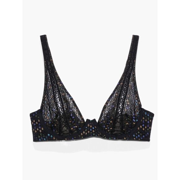 Savage X Fenty Disco Night Iridescent Lace Up, unlined Black Bra US 36B - Picture 1 of 6